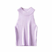 Aproms Vintage High Neck Ribbed Knitted Tank Tops Female Summer Casual White Solid Stretch Crop Top for Women Clothing — 4